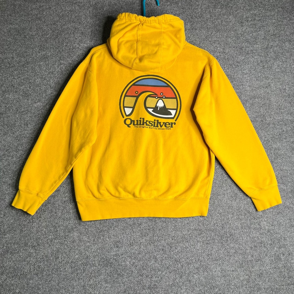 Quiksilver Mens Yellow Graphic Surf Logo Pullover Hoodie Sweatshirt Size Medium